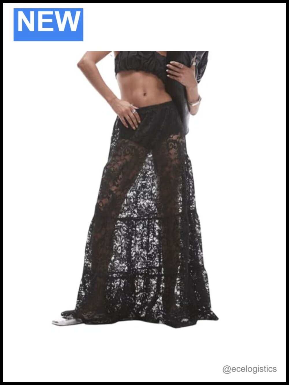Sheer Lace Tiered Maxi Skirt High Rise Flowy A-Line Elastic Waist See Through